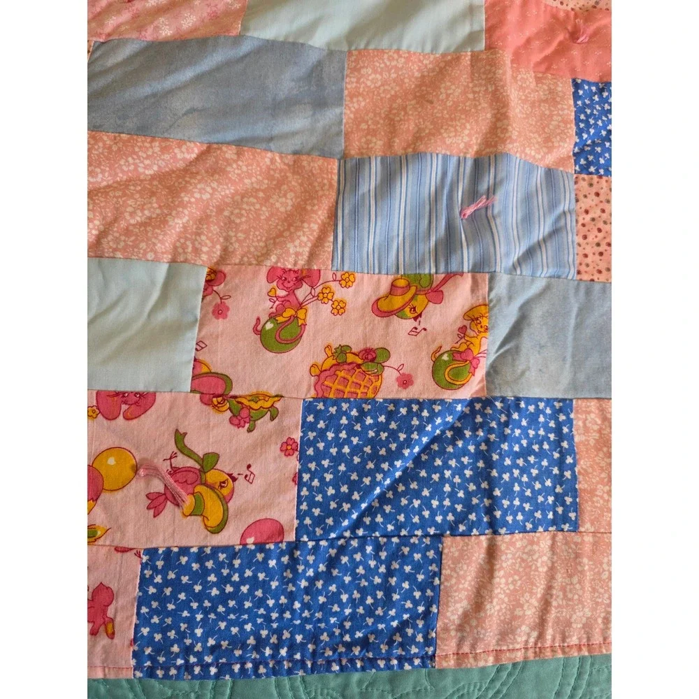 Handmade Patchwork Baby Quilt Pink Blue Hippo Floral Bandana Back 48x47